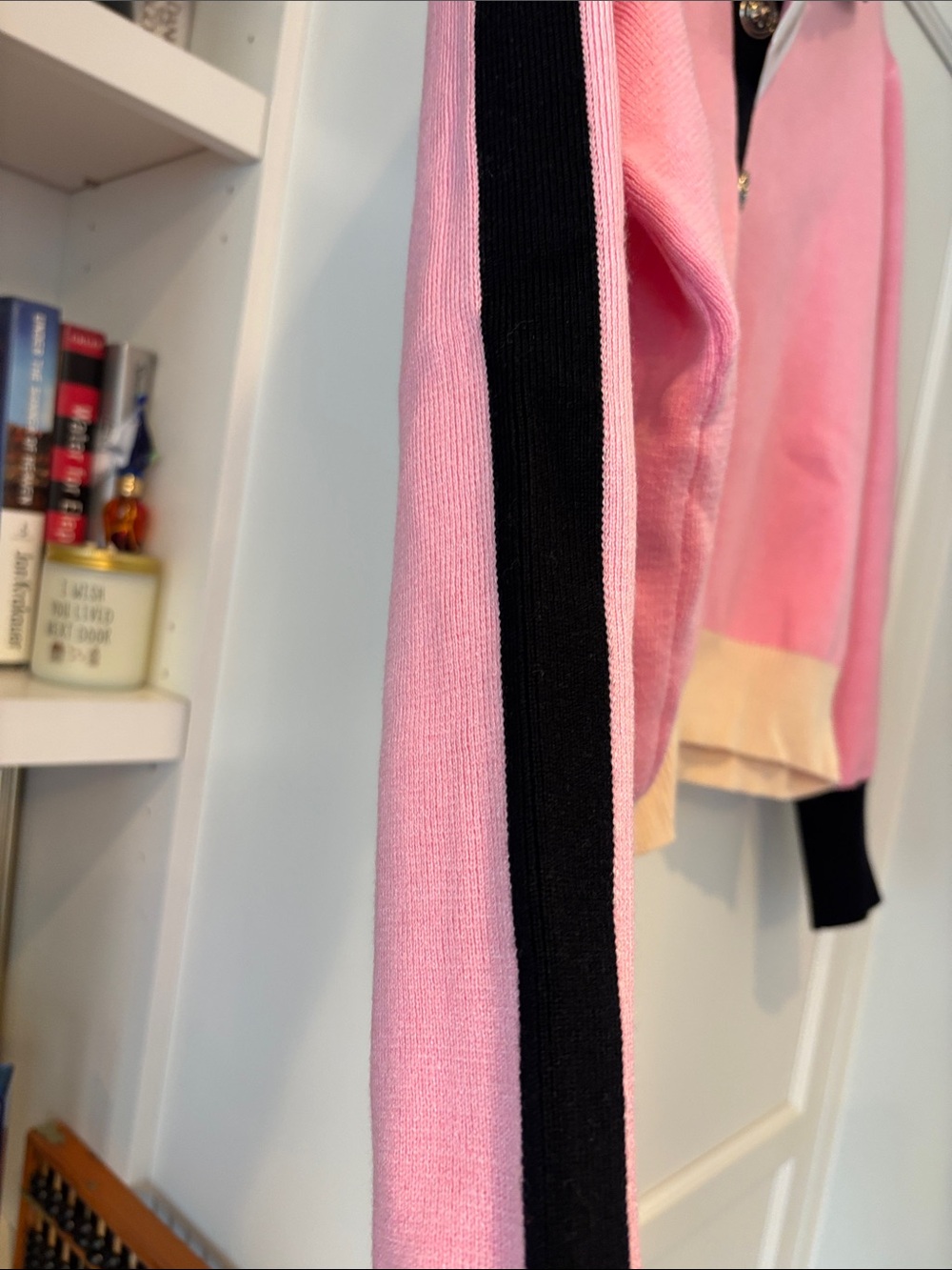THML Pink V‑Neck Polo Sweater with Black Trim and Cream Hem - Picture 4 of 6